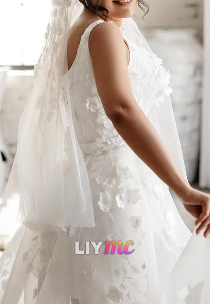 Scoop Straps Floral Appliques A-Line Wedding Dress