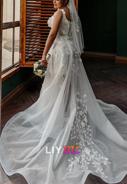 Scoop Straps Floral Appliques A-Line Wedding Dress