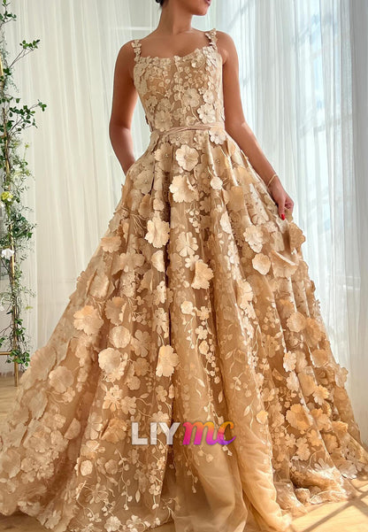 Scoop Straps Floral Embellished A-Line Prom Dress