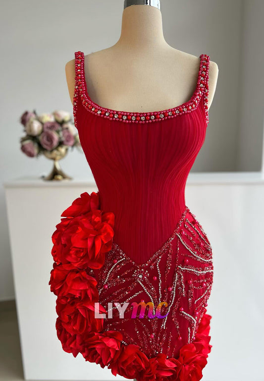Scoop Straps Floral Embellished Sheath Beaded Party Homecoming Dress