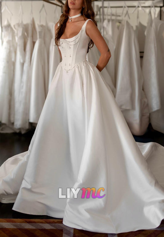 Scoop Straps Pearl Pleated Sleek A-Line Wedding Dress