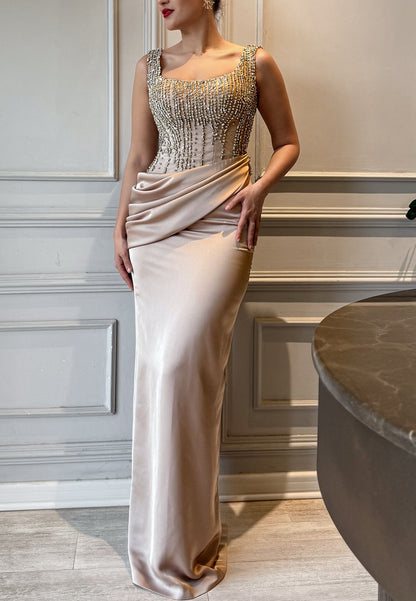 Scoop Straps Pleated Beading Sleek Mermaid Evening Dress