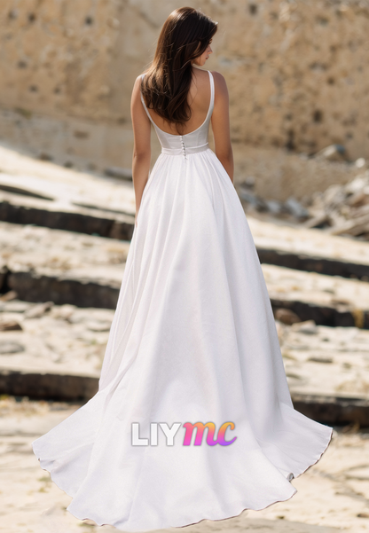 Scoop Straps Pleated Sleek Satin A-Line Wedding Dress