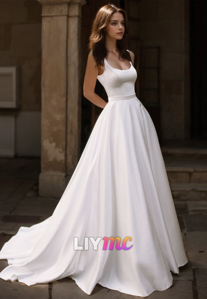 Scoop Straps Pleated Sleek Satin A-Line Wedding Dress