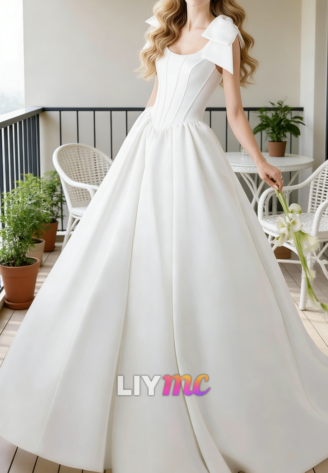 Scoop Straps Mikado Satin A-Line Pretty Wedding Dress