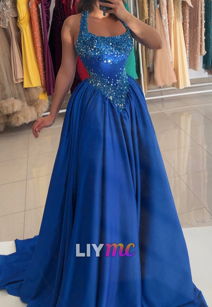 Scoop Straps Sequins Pearl Corset A-Line Prom Dress