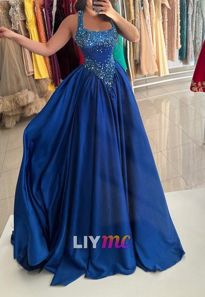 Scoop Straps Sequins Pearl Corset A-Line Prom Dress