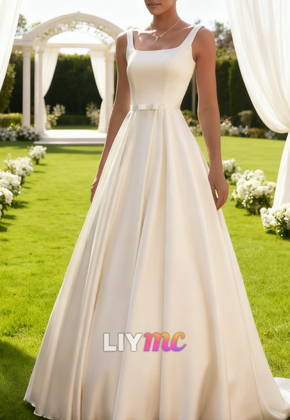 Scoop Straps Simple A-Line Satin Wedding Dress