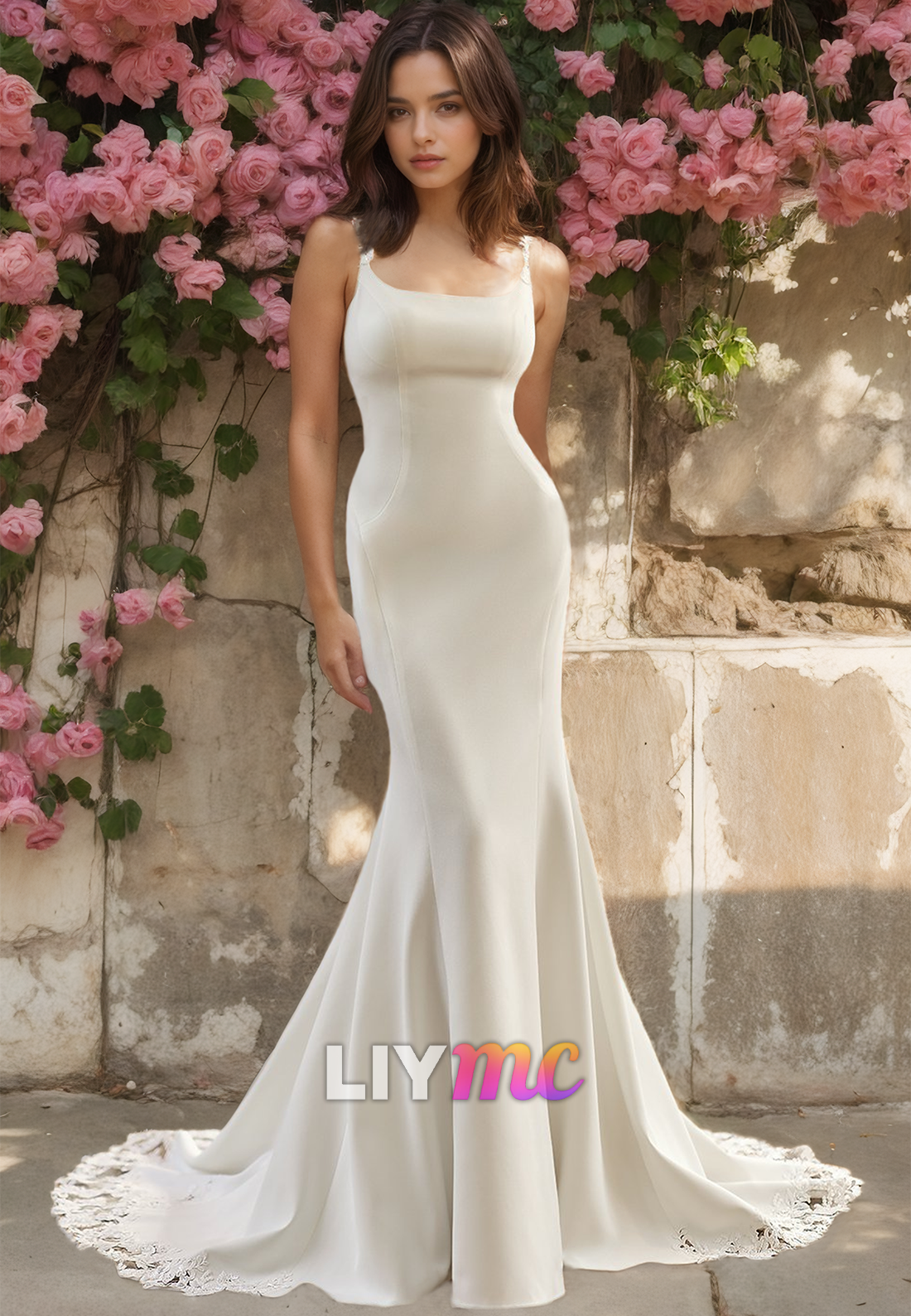 Scoop Straps Sleeveless Sleek Mermaid Beach Wedding Dress