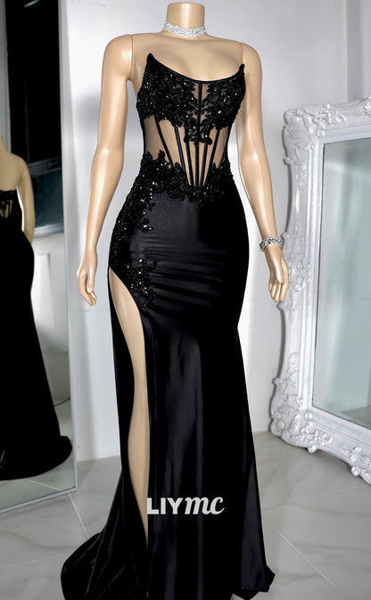 LP1420 - Off-Shoulder Sheer Appliques Sleek Satin High Slit Prom Dress for Black Girls Slay