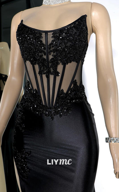 LP1420 - Off-Shoulder Sheer Appliques Sleek Satin High Slit Prom Dress for Black Girls Slay
