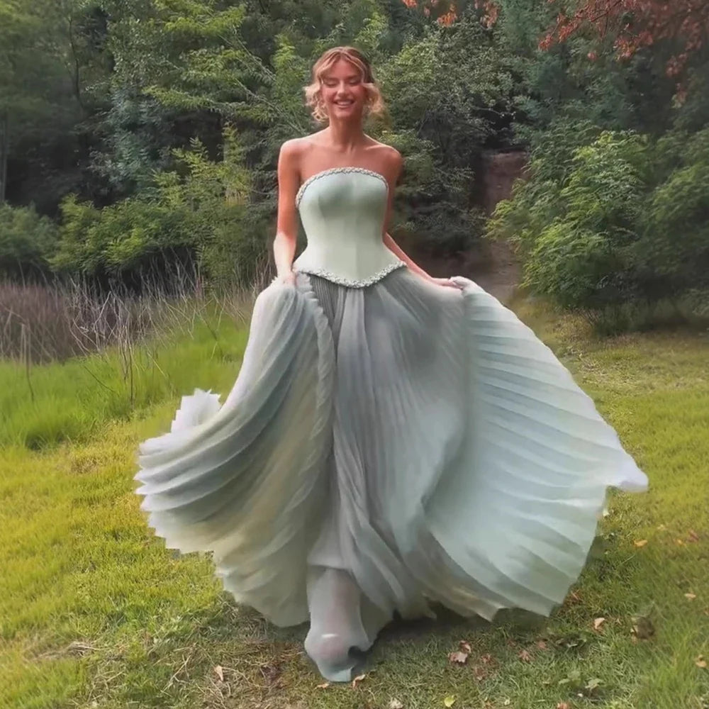 Luxury Sage Green A-Line Crystal Beaded Evening Dress