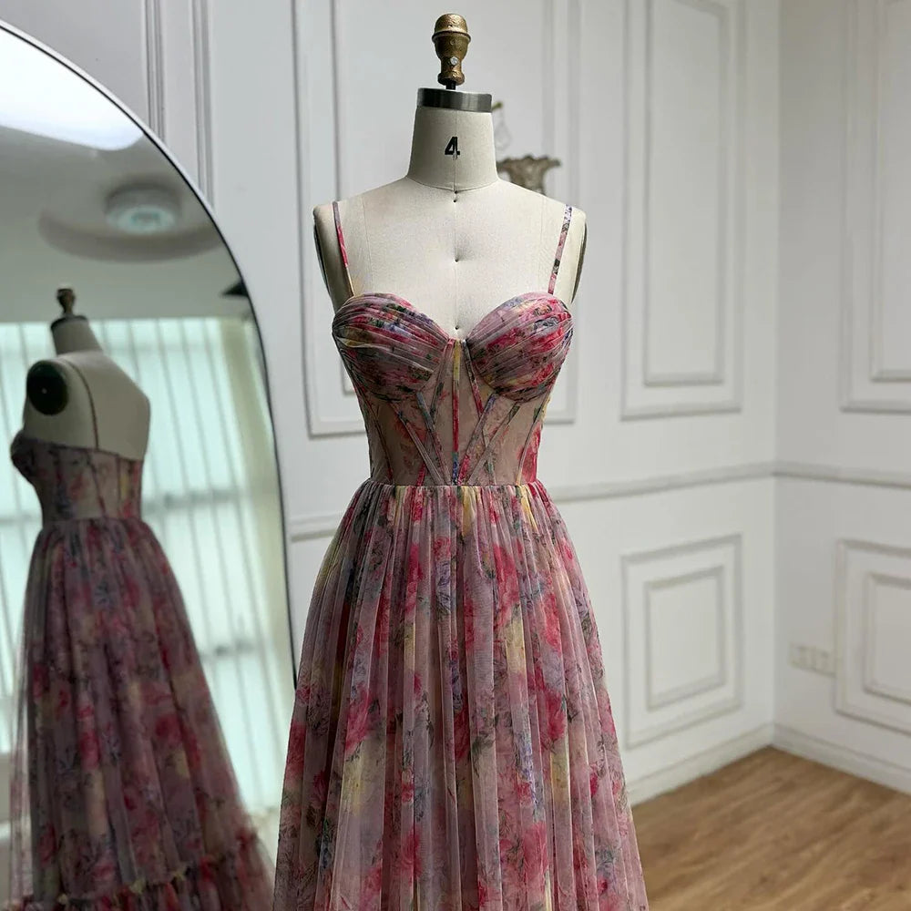 Pink A-Line Tulle Printed Ruffle Tiered Prom Dress