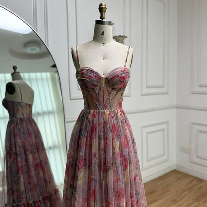 Pink A-Line Tulle Printed Ruffle Tiered Prom Dress