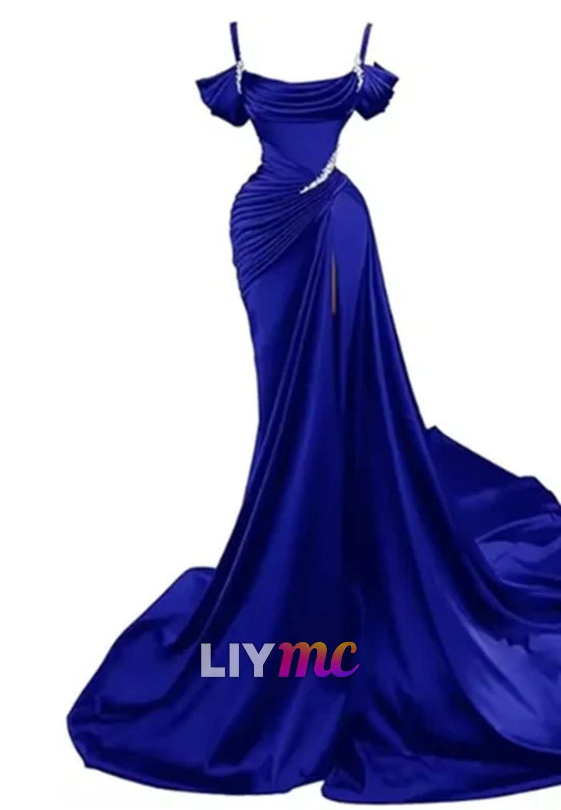 LP595 - Mermaid/Trumpet Off Shoulder Pleated Satin Long Prom Evening Dress With Slit