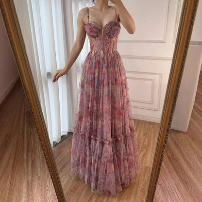 Pink A-Line Tulle Printed Ruffle Tiered Prom Dress