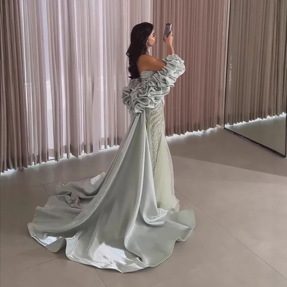 Luxury Sage Green Beaded Mermaid Evening Dress with Balloon Sleeves