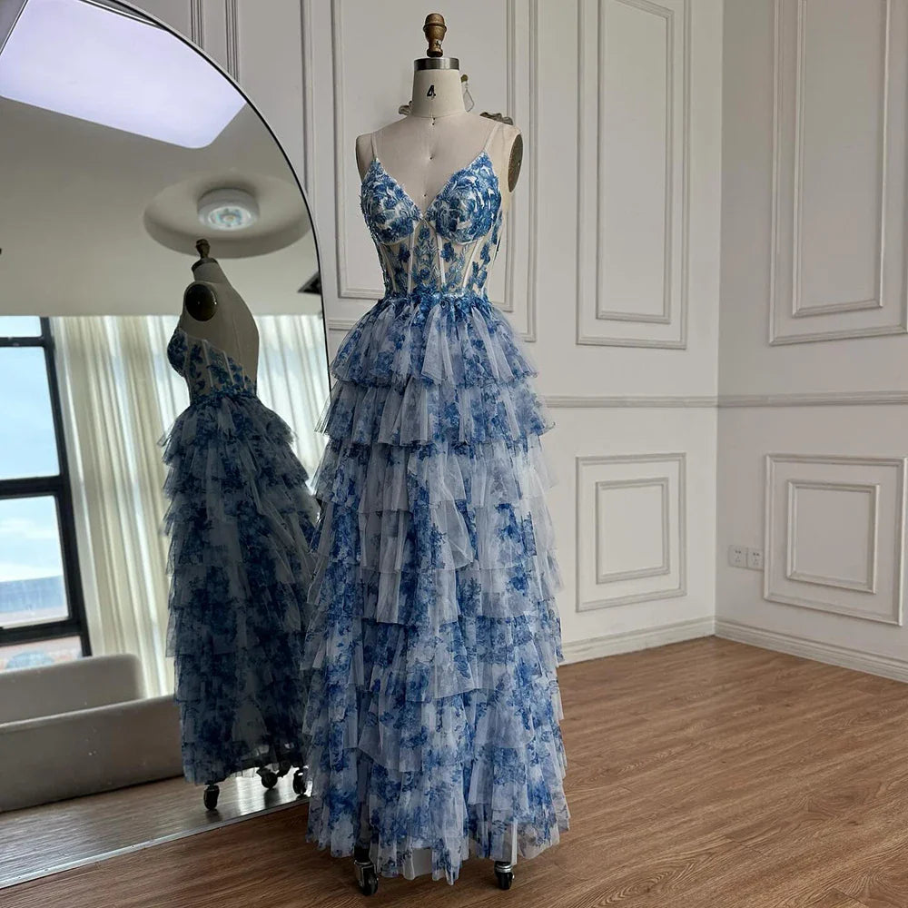 Spaghetti Straps Blue Print Floral Ruffle Prom Dress