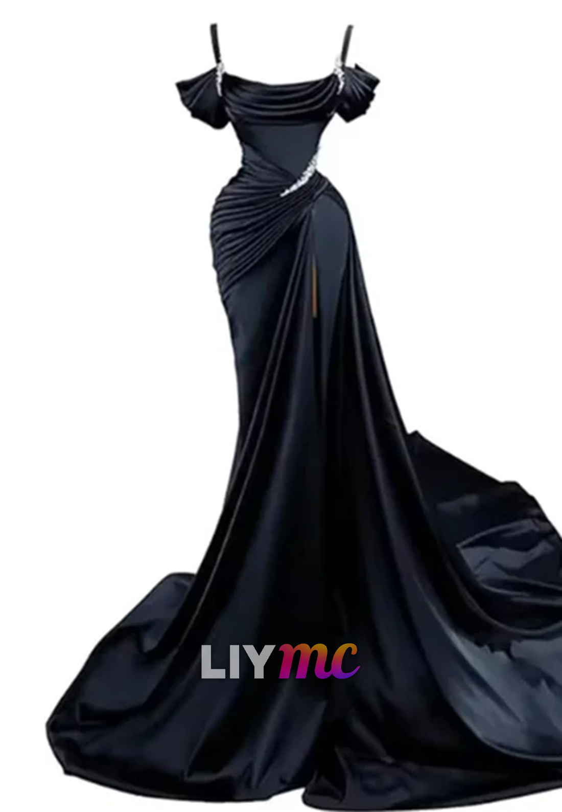 LP595 - Mermaid/Trumpet Off Shoulder Pleated Satin Long Prom Evening Dress With Slit