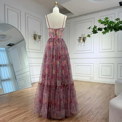 Pink A-Line Tulle Printed Ruffle Tiered Prom Dress