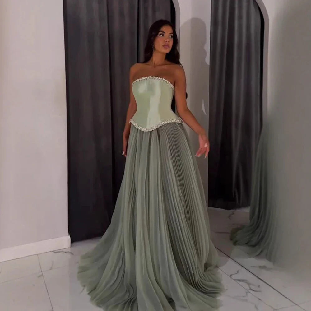 Luxury Sage Green A-Line Crystal Beaded Evening Dress