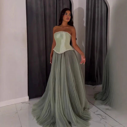 Luxury Sage Green A-Line Crystal Beaded Evening Dress