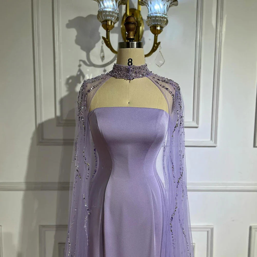 Lilac Elegant Evening Dresses with Luxury Beaded Long Cape Gown for Party