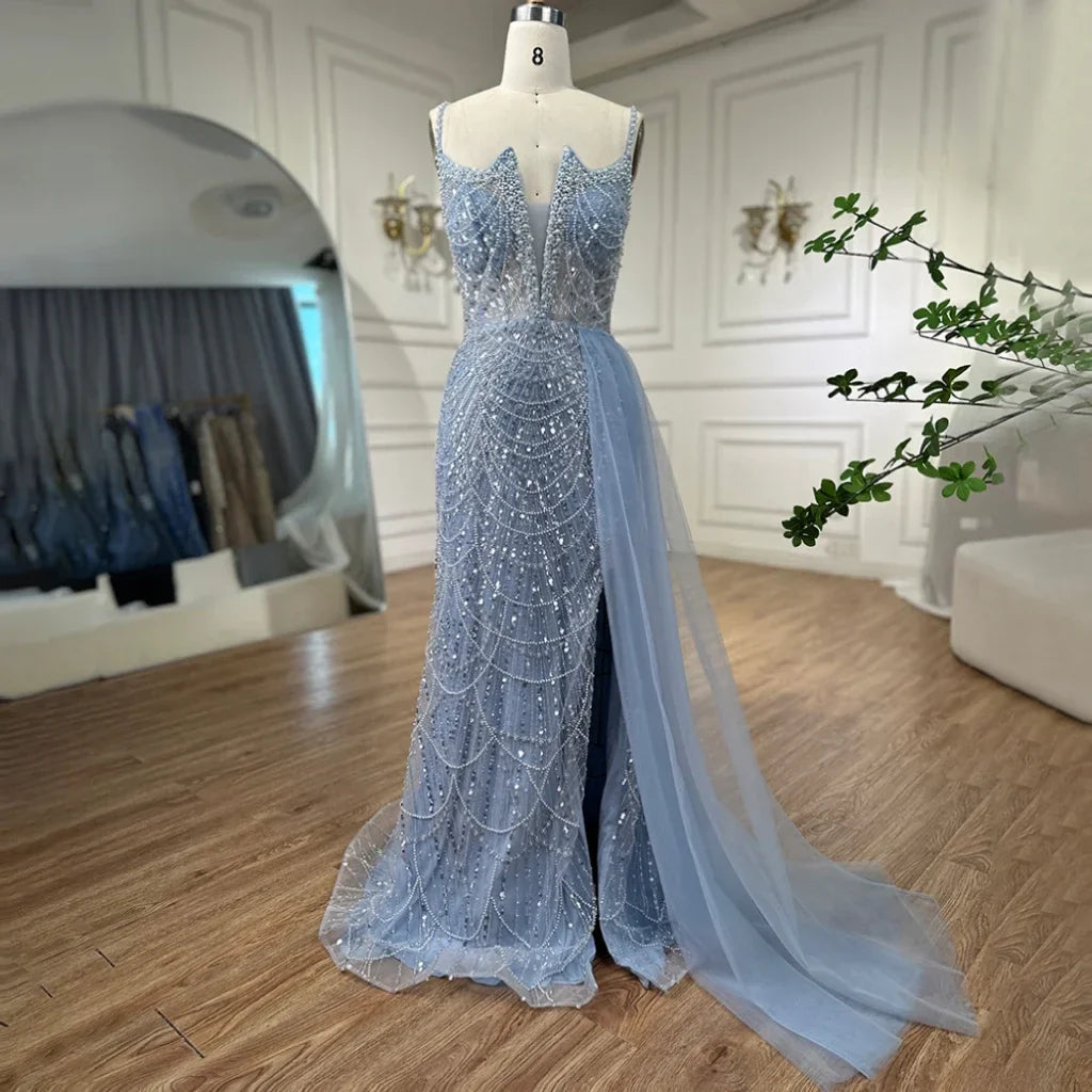 Nude Mermaid Spaghetti Straps Beaded Evening Gown