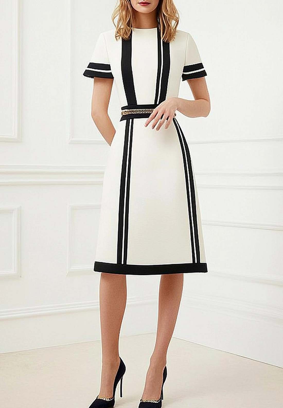 Semi-Formal Work Dress Black and White Colorblock Short Sleeve Midi Dress