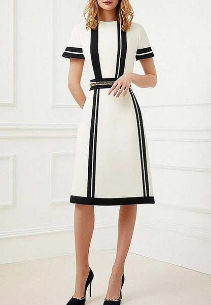 Semi-Formal Work Dress Black and White Colorblock Short Sleeve Midi Dress