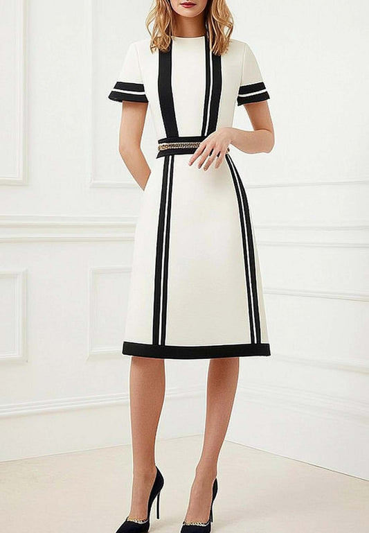 Semi-Formal Work Dress Black and White Colorblock Short Sleeve Midi Dress