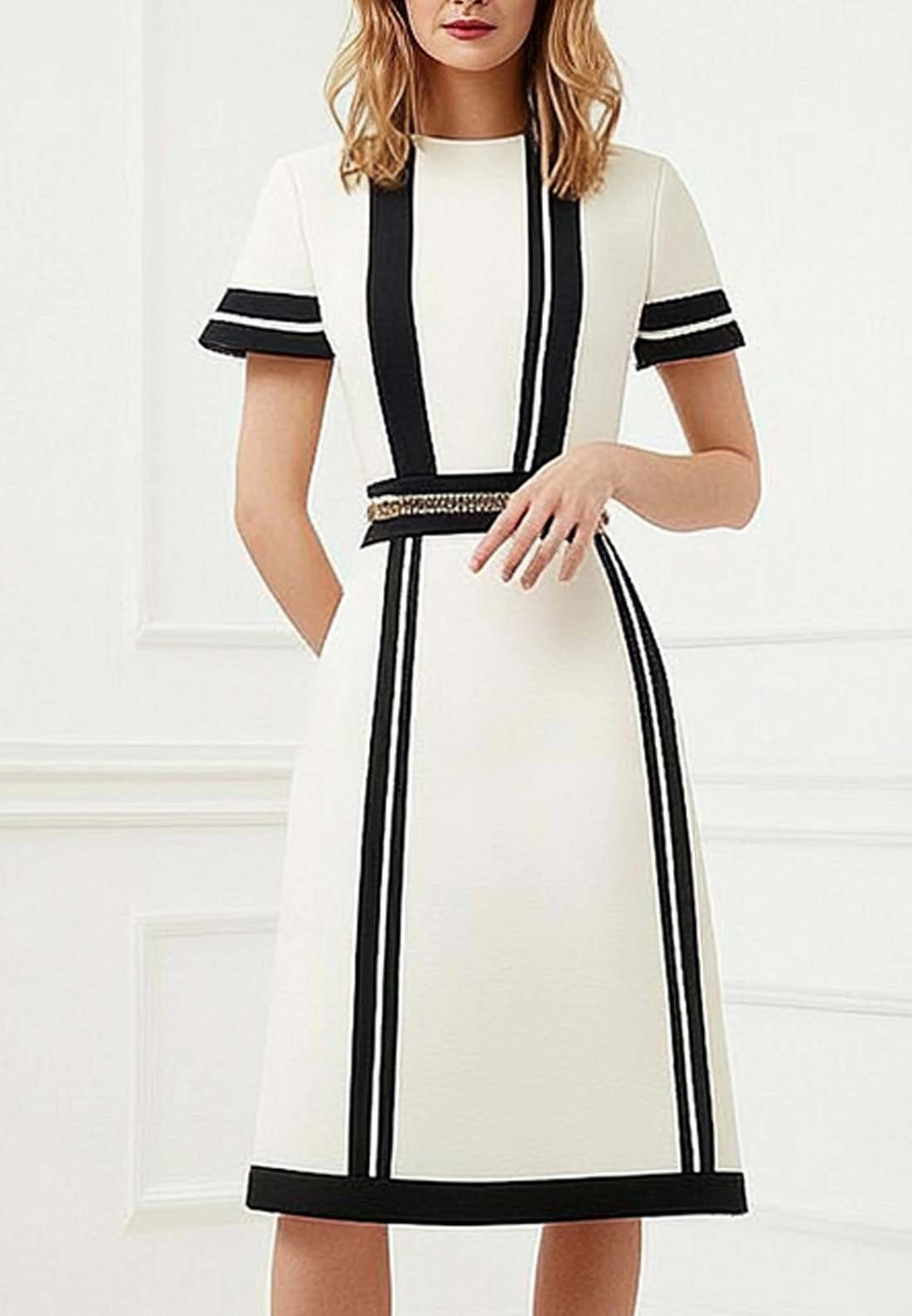 Semi-Formal Work Dress Black and White Colorblock Short Sleeve Midi Dress