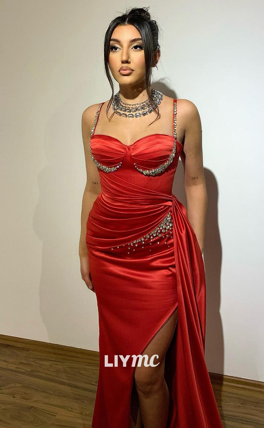 LP1815 - Semi-Sweetheart Beaded Sleeveleass Pleated Satin Side Slit Sexy Prom Dress