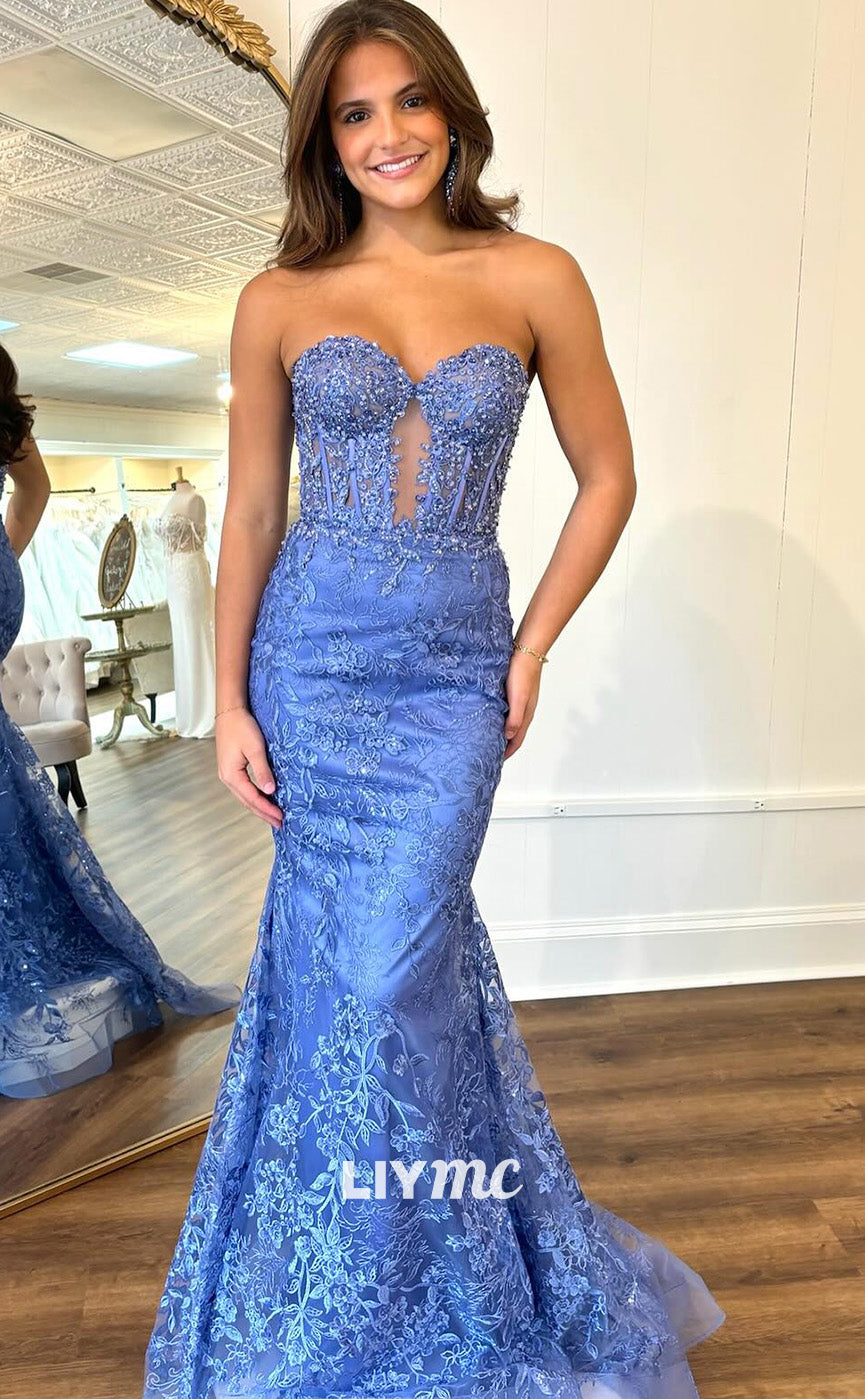 LP2065 - Semi-Sweetheart Sleeveless Cut Outs Appliques Mermaid Prom Dress