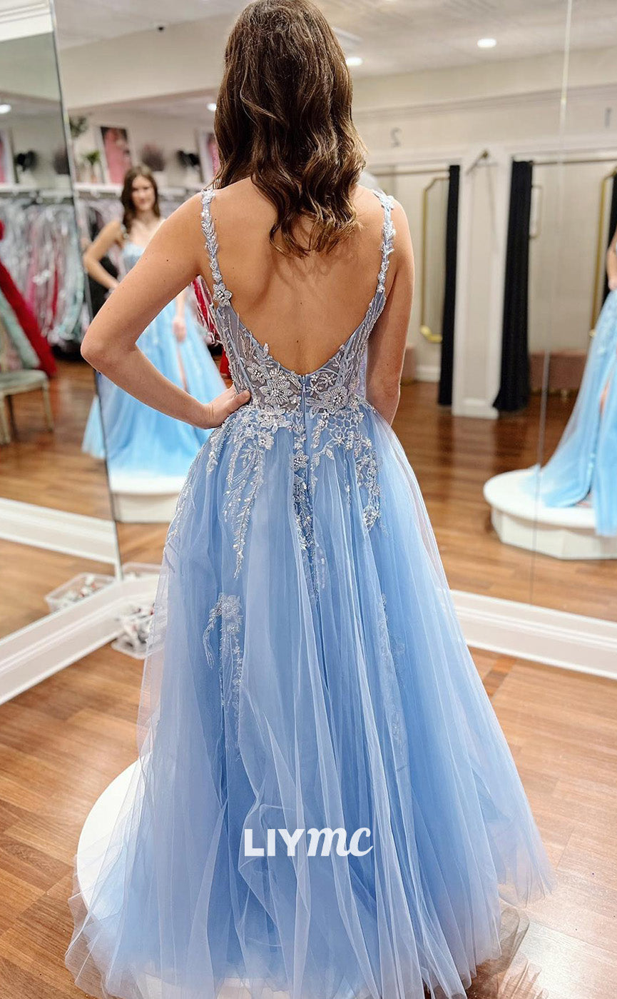 LP1797 - Semi-Sweetheart Sleeveless Floral Appliques Tiered Tulle Ball Gown Prom Dress