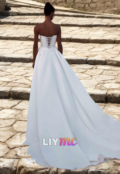 Semi-Sweetheart Sleeveless Pleated Satin A-Line Wedding Dress