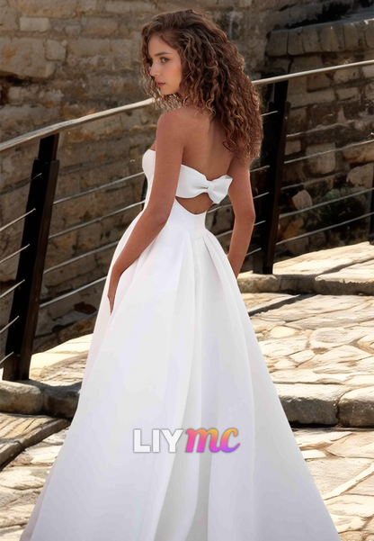 Semi-Sweetheart Sleeveless Pleated Satin A-Line Wedding Dress