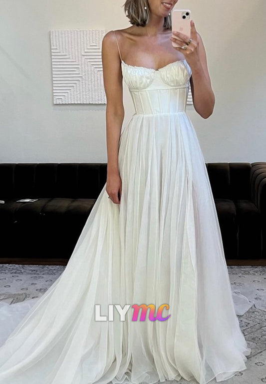 Semi-Sweetheart Spaghetti Straps Pleated Chiffon A-Line Wedding Dress