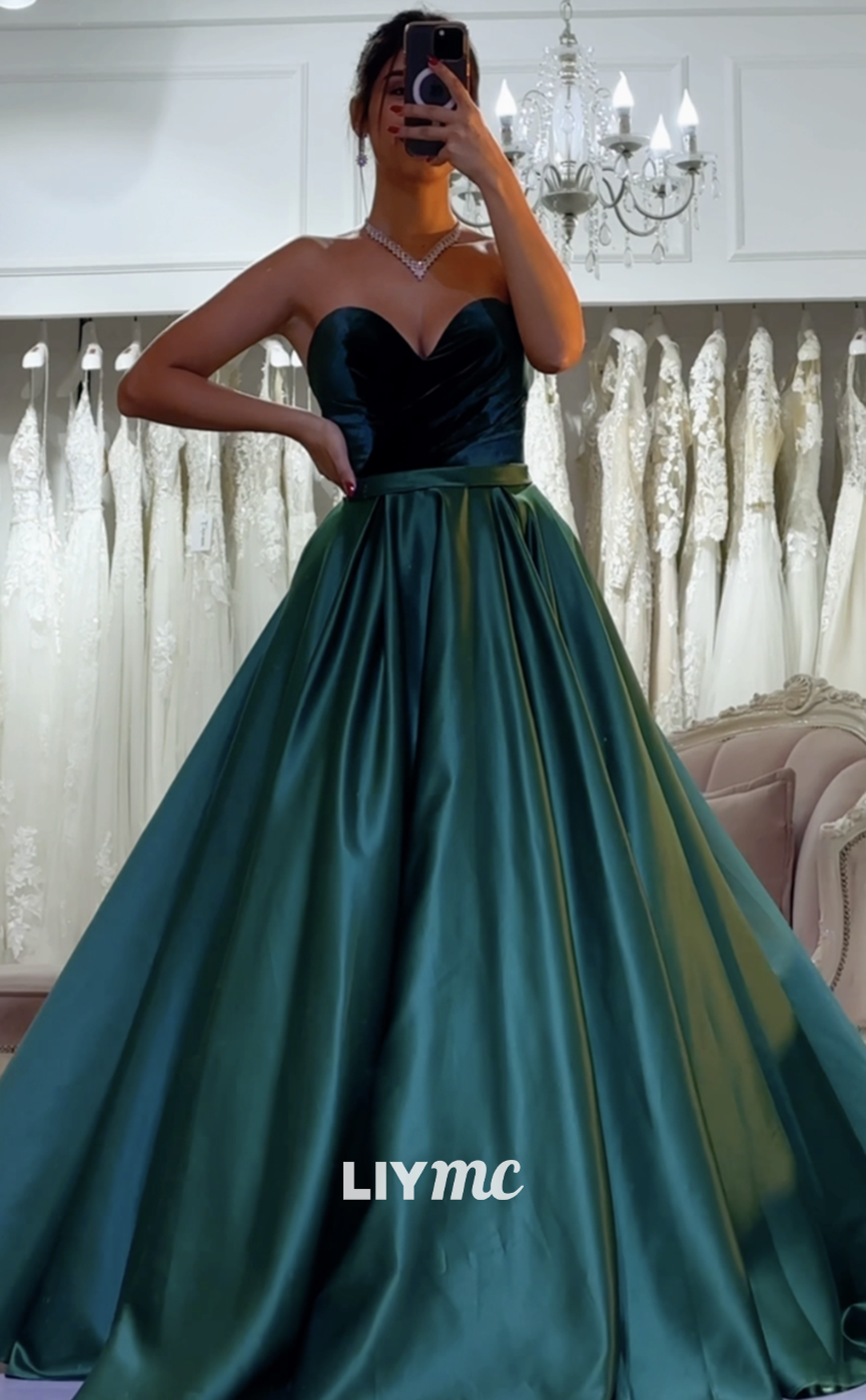 LP1983 - Semi-Sweetheart Strapless Pleated Sleek Satin A-Line Prom Dress