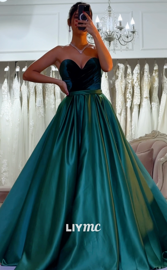 LP1983 - Semi-Sweetheart Strapless Pleated Sleek Satin A-Line Prom Dress