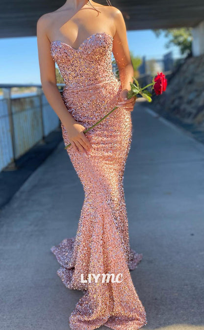 LP2075 - Semi-Sweetheart Strapless Sequins Sparkly Mermaid Prom Dress