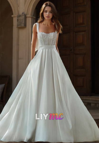 Semi-Sweetheart Straps Pearl Beaded Pleated Satin A-Line Wedding Dress