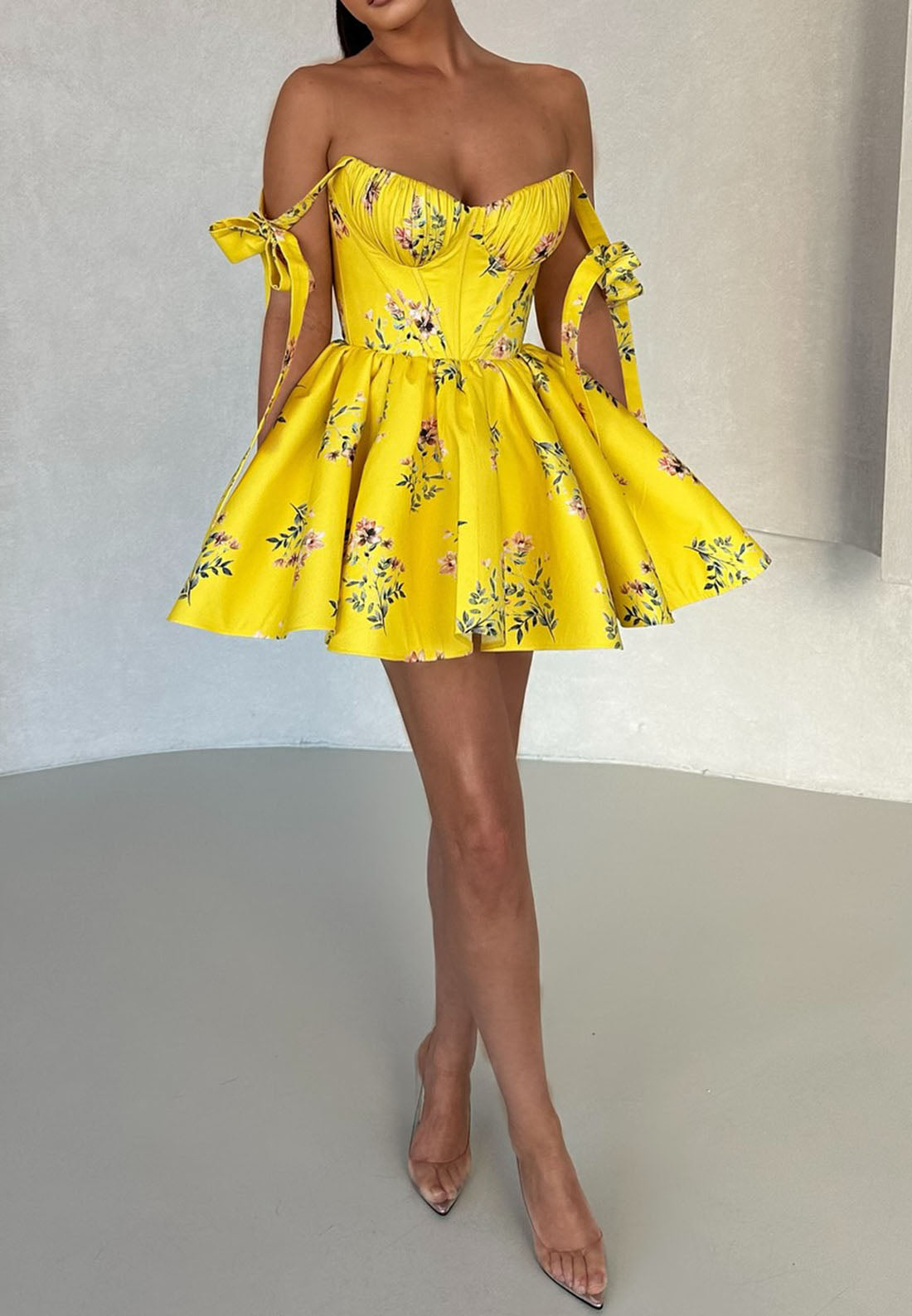 Semi-Sweetheart Straps Pleated Floral A-Line Short Party Dress