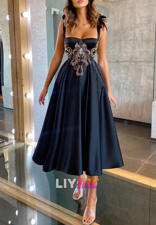 Semi Sweetheart Appliques A-Line Midi Prom Dress