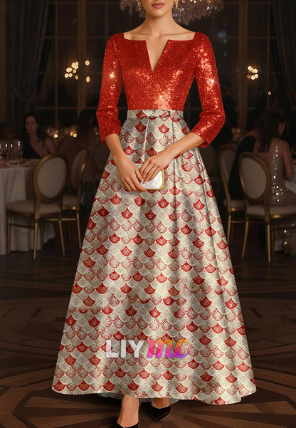 Sequin Jacquard Scallop Pattern A-Line Evening Gown Elegant Formal Dress