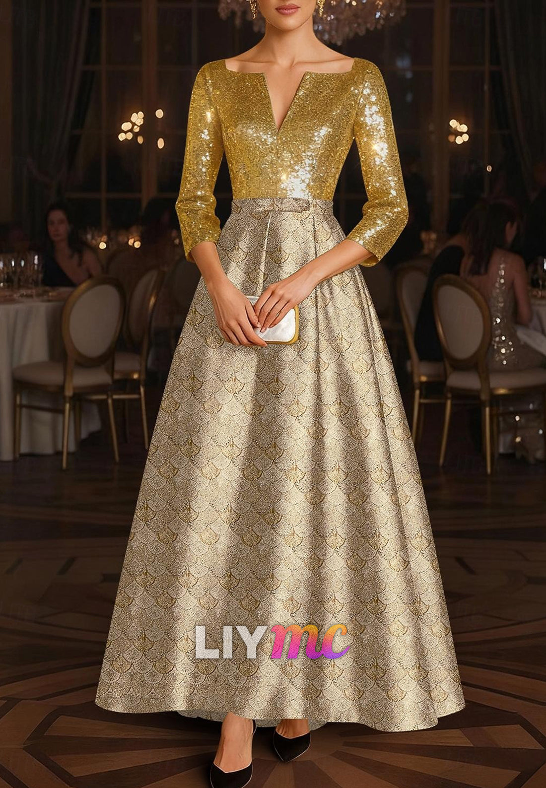 Sequin Jacquard Scallop Pattern A-Line Evening Gown Elegant Formal Dress