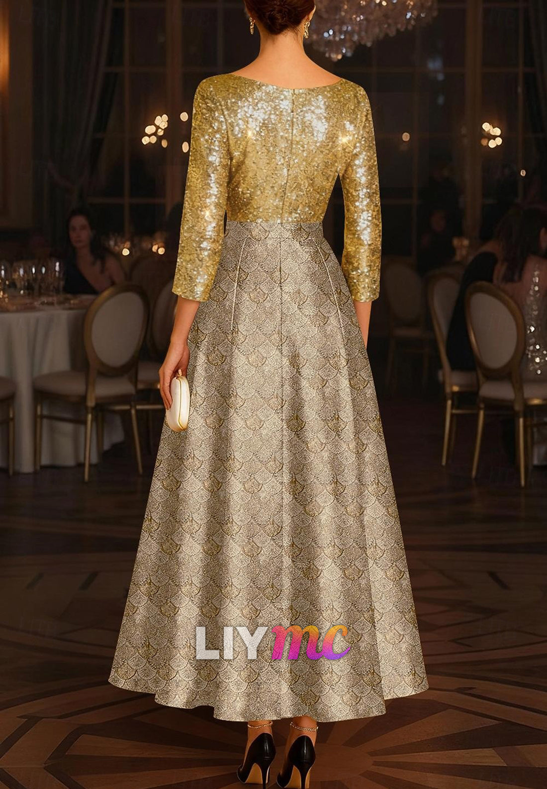 Sequin Jacquard Scallop Pattern A-Line Evening Gown Elegant Formal Dress