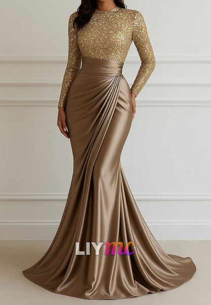 Sequin Mermaid Evening Gown Elegant Dress Formal Wedding Floor Length Long Sleeve