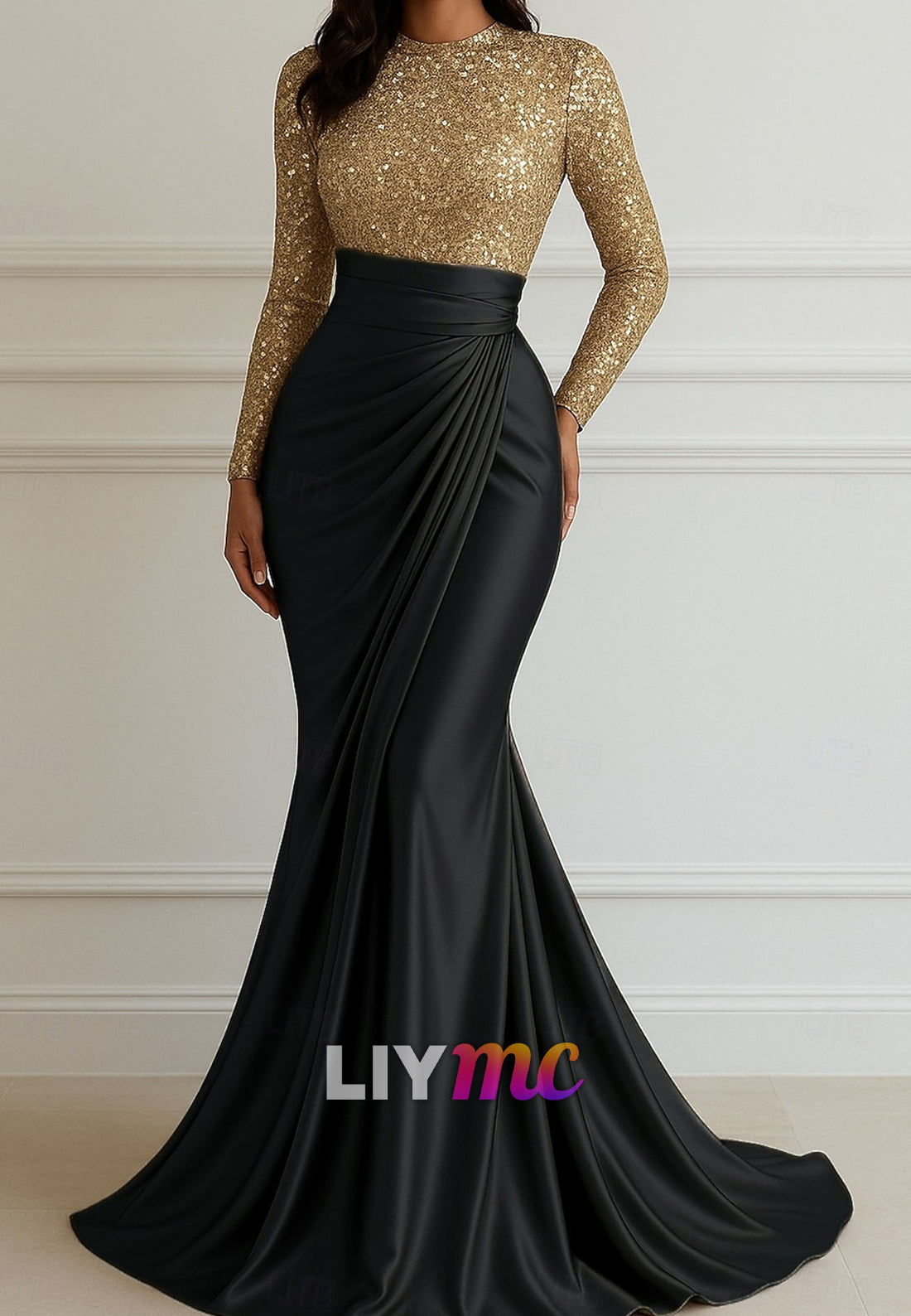 Sequin Mermaid Evening Gown Elegant Dress Formal Wedding Floor Length Long Sleeve