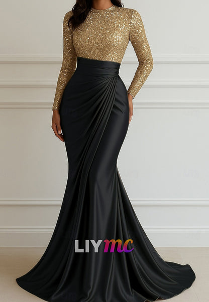 Sequin Mermaid Evening Gown Elegant Dress Formal Wedding Floor Length Long Sleeve